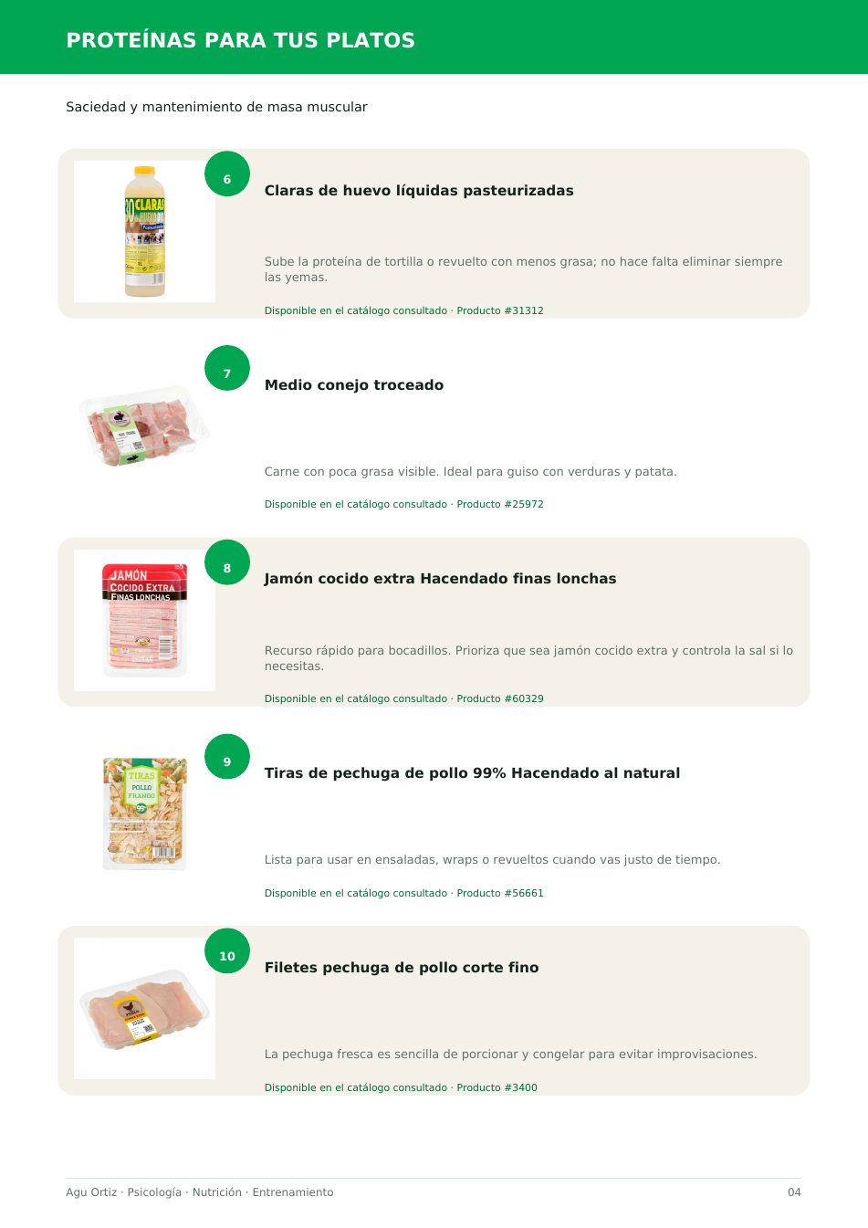 Página interior de la guía con alimentos ricos en proteína